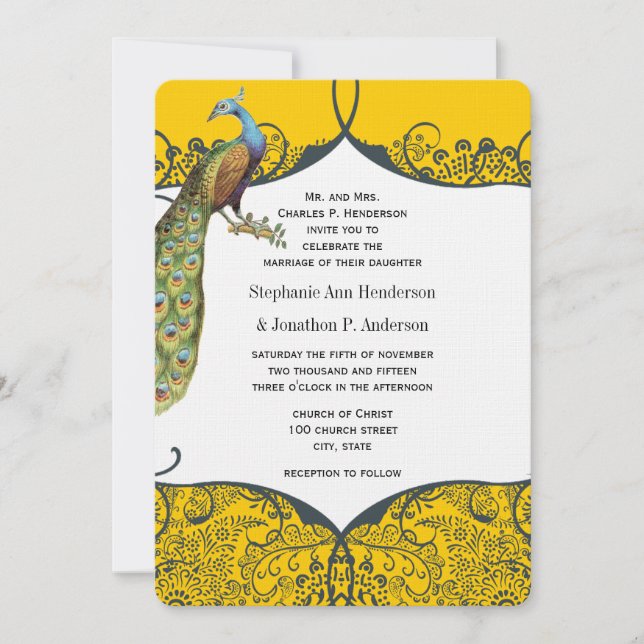 Navy and Mustard Peacock Love Bird Pattern Wedding Invitation (Front)
