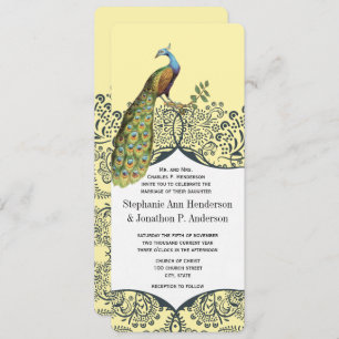 Navy and Mustard Peacock Love Bird Pattern Wedding Invitation
