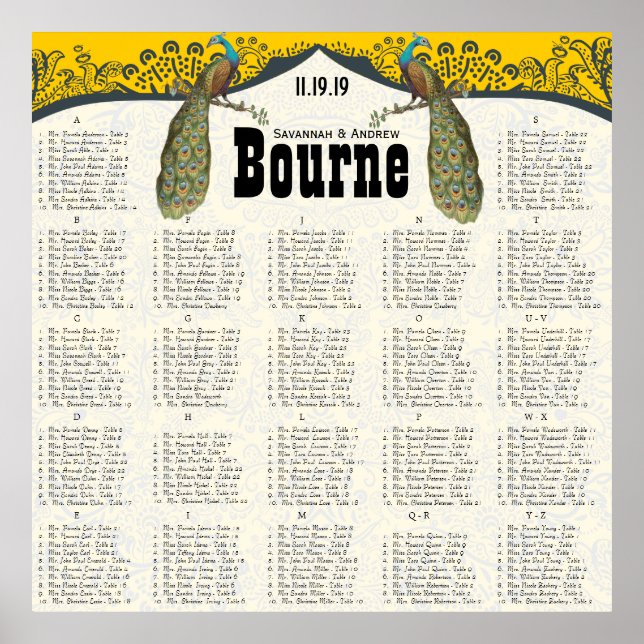 Navy and Mustard Peacock Love Bird Seating Chart (Front)