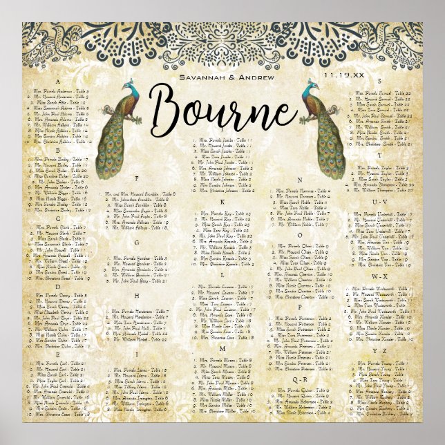 Navy and Mustard Peacock Love Bird Seating Chart (Front)