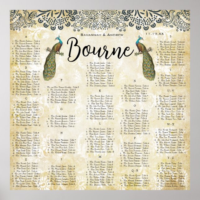 Navy and Mustard Peacock Love Bird Seating Chart (Front)