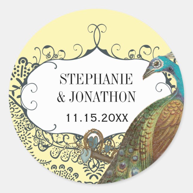 Navy and Mustard Peacock Love Bird Wedding Seal (Front)