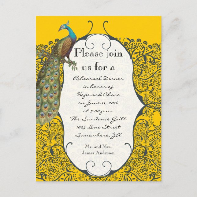 Navy and Mustard Yellow Peacock Rehearsal Dinner Postcard (Front)