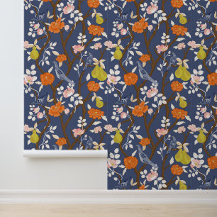 Navy and Orange Chinoiserie Birds Wallpaper