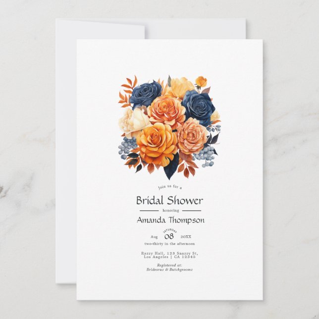 Navy and Orange Floral Bridal Shower Invitation (Front)