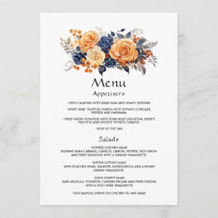 Navy and Orange Floral Wedding Guest Details Menu