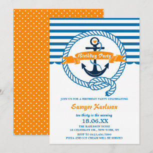 Navy and Orange Nautical Kids Birthday Party Invitation