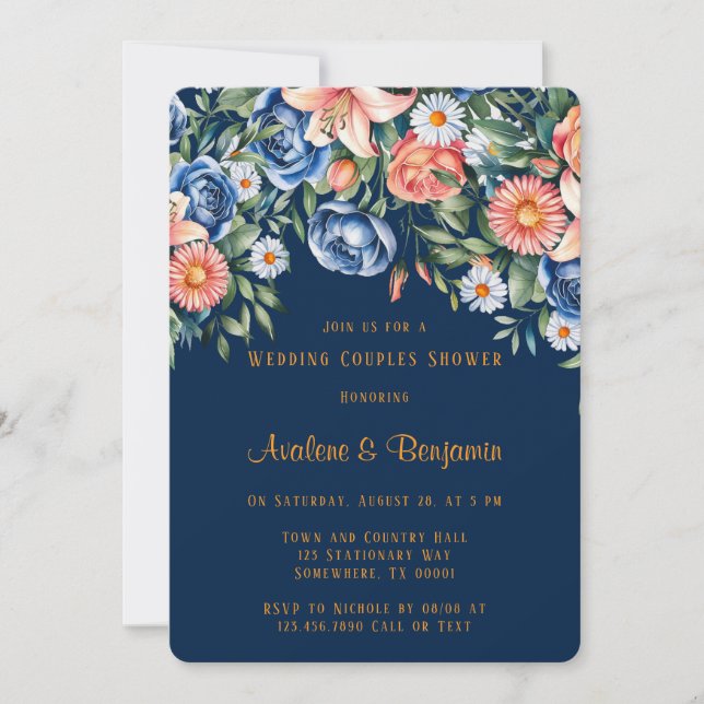 Navy and Orange Peony Wedding Couples Shower Invitation (Front)