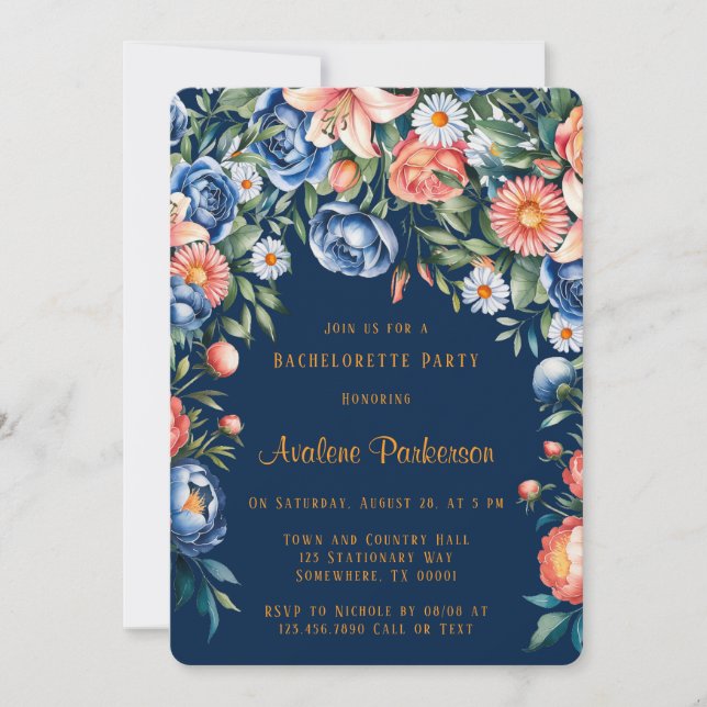 Navy and Orange Peony Wedding Couples Shower Invitation (Front)