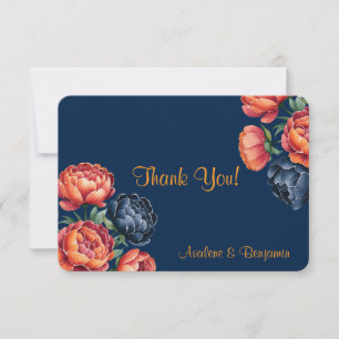 Navy and Orange Peony Wedding Thank You Card
