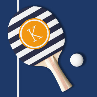 Navy and Orange Preppy Stripes Monogram Ping Pong Paddle