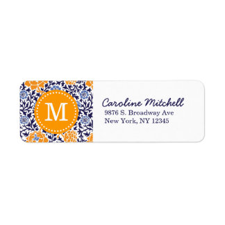 Navy and Orange Retro Floral Damask Monogram
