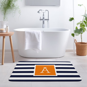 Navy and Orange Stripes Monogram Editable Bath Mat
