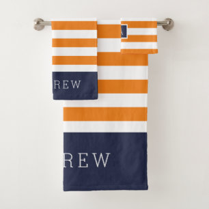 Navy and Orange Stripes Monogram   Editable Bath Towel Set