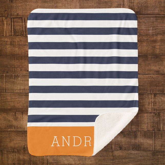 Navy and Orange Stripes Monogram | Editable Colour Sherpa Blanket (Creator Uploaded)