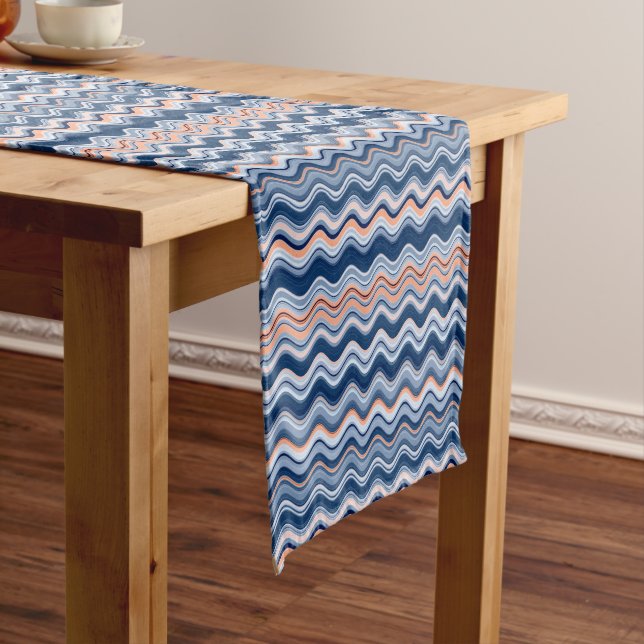 Navy and Orange Wavy Stripes Short Table Runner (In Situ)