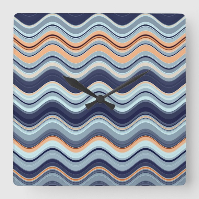 Navy and Orange Wavy Stripes Square Wall Clock (Front)