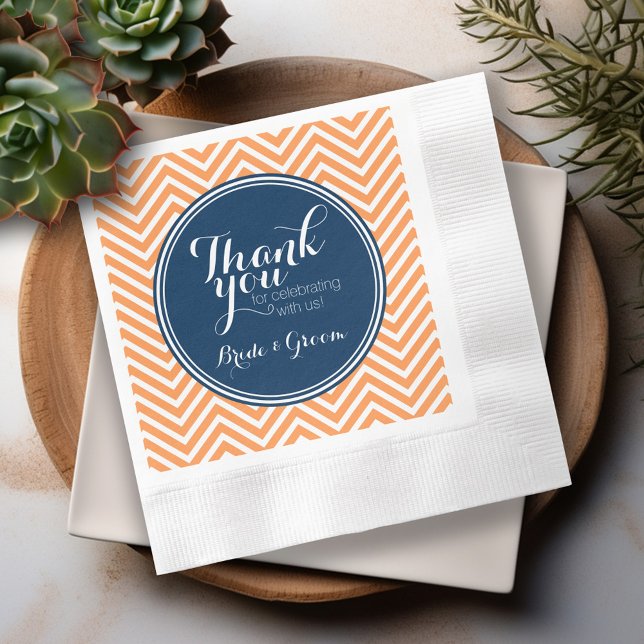 Navy and Orange - Wedding Thank you Bride Groom Napkin (Personalized Wedding Thank You Napkins)