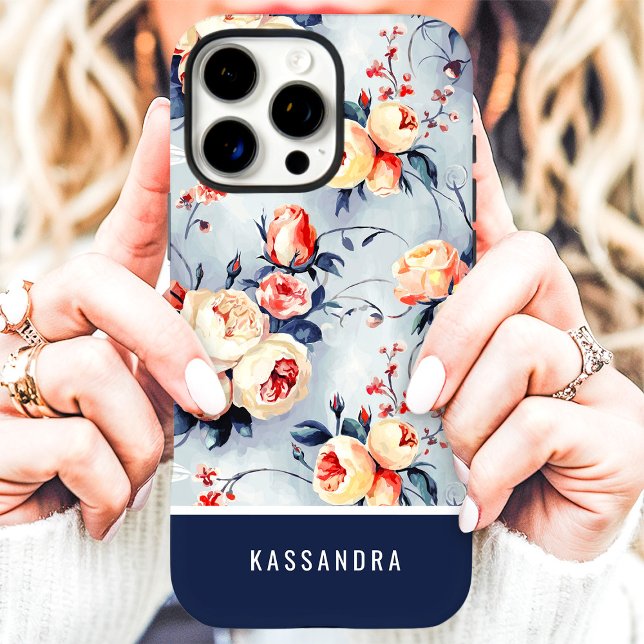 Navy and Peach Custom Name Floral  Case-Mate iPhone Case (Creator Uploaded)