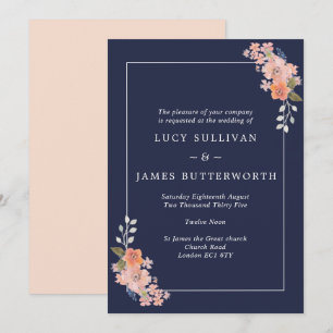 Navy and Peach Floral Frame Wedding Invitation