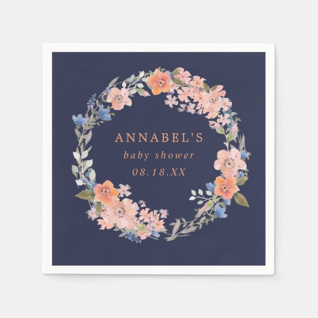 Navy and Peach Floral Wreath Baby Shower Napkins (Front)