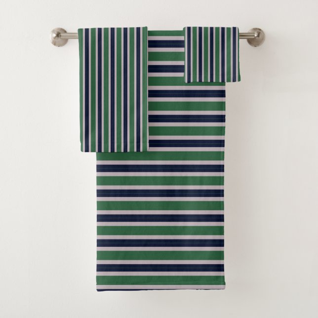 Navy and Pine Green Stripes Bath Towel Set (Insitu)