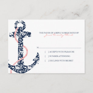 Navy and Pink Anchor Beach Wedding rsvp Card