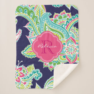 Navy and Pink Boho Paisley Monogrammed Sherpa Blanket