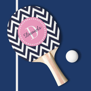 Navy and Pink Chevron Monogram Ping Pong Paddle