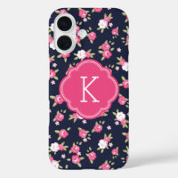 Navy and Pink Chic Vintage Floral Print Monogram