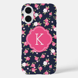 Navy and Pink Chic Vintage Floral Print Monogram iPhone 16 Case