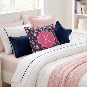 Navy and Pink Chic Vintage Floral Print Monogram Cushion