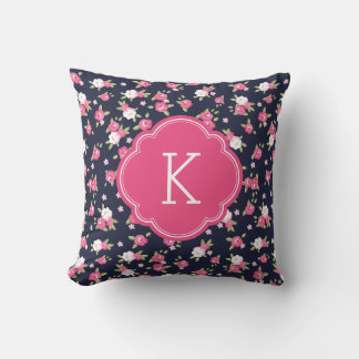 Navy and Pink Chic Vintage Floral Print Monogram Cushion