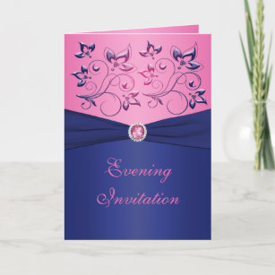 Navy and Pink Floral Card Style Evening Invitation