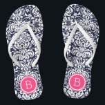 Navy and Pink Floral Damask Monogram Jandals<br><div class="desc">Custom printed flip flop sandals with a stylish elegant floral damask pattern and your custom monogram or other text in a circle frame. Click Customise It to change text fonts and colours or add your own images to create a unique one of a kind design!</div>