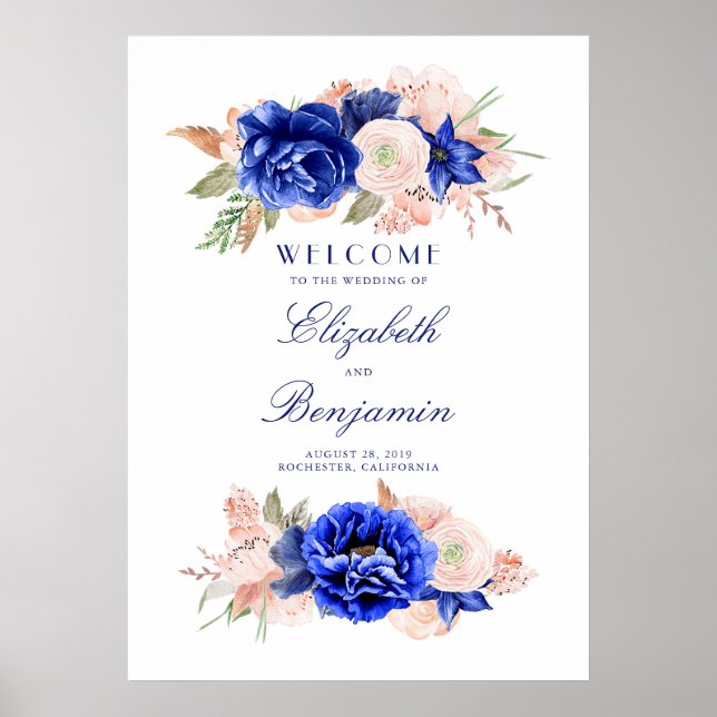 Navy and Pink Floral Wedding Welcome Sign (Front)