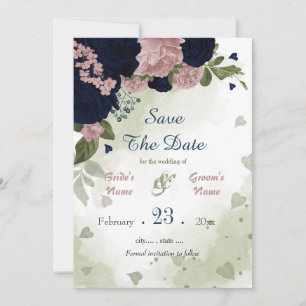 navy and pink flowers green leaves botanical save the date