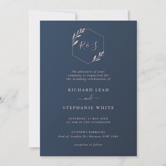 Navy and Pink Geometric Foliage Wedding Invitation (Front)