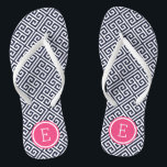 Navy and Pink Greek Key Monogram Jandals<br><div class="desc">Custom printed flip flop sandals with a stylish modern Greek key pattern and your custom monogram or other text in a circle frame. Click Customise It to change text fonts and colours or add your own images to create a unique one of a kind design!</div>