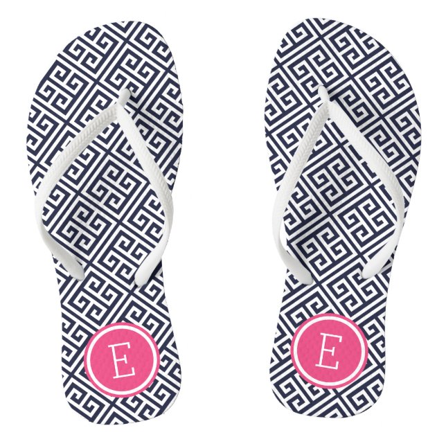 Navy and Pink Greek Key Monogram Jandals (Footbed)