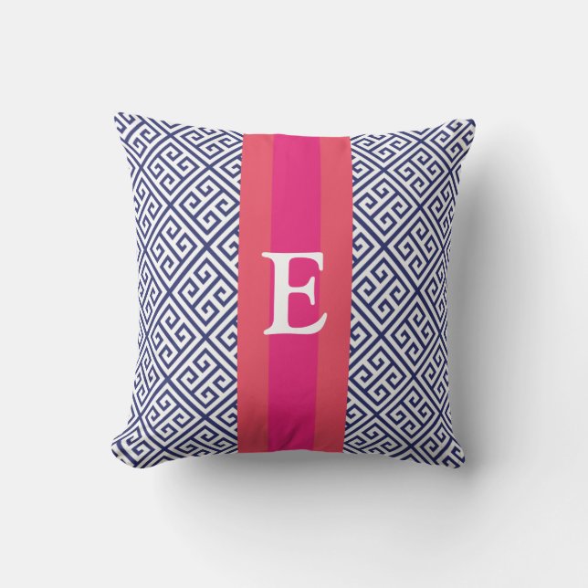 Navy and Pink Greek Key Monogram Pillow (Front)