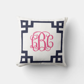 Navy and Pink Greek Key Script Monogram LBC Cushion