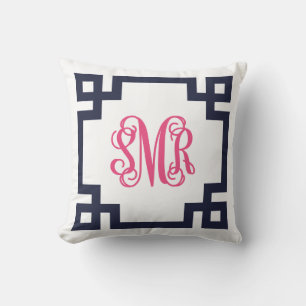 Navy and Pink Greek Key Script Monogram - SMR Cushion