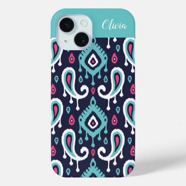 Navy and Pink Ikat Paisley Monogram Case-Mate iPhone Case (Back)
