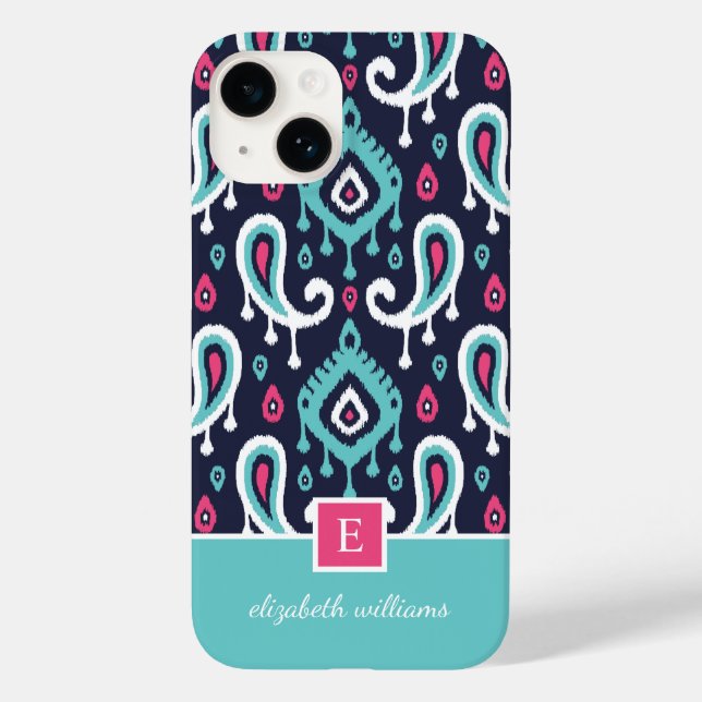 Navy and Pink Ikat Paisley Monogram Case-Mate iPhone Case (Back)