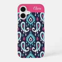 Navy and Pink Ikat Paisley Monogram