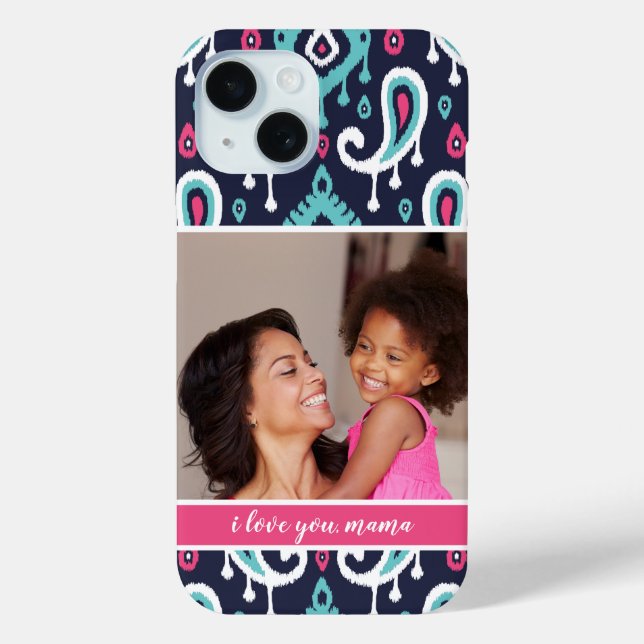 Navy and Pink Ikat Paisley Mother's Day Photo Case-Mate iPhone Case (Back)
