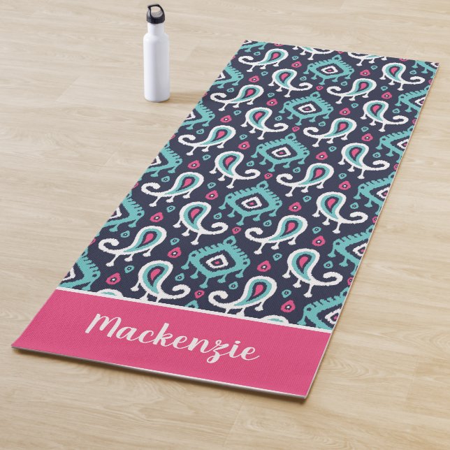 Navy and Pink Ikat Paisley Name Monogram Yoga Mat (In Situ)