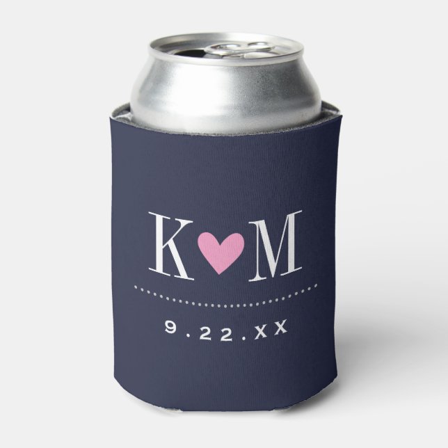 Navy and Pink Modern Wedding Monogram Can Cooler (Can Front)