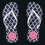Navy and Pink Moroccan Quatrefoil Monogram Jandals<br><div class="desc">Custom printed flip flop sandals with a stylish Moroccan quatrefoil pattern and your custom monogram or other text in a circle frame. Click Customise It to change text fonts and colours or add your own images to create a unique one of a kind design!</div>